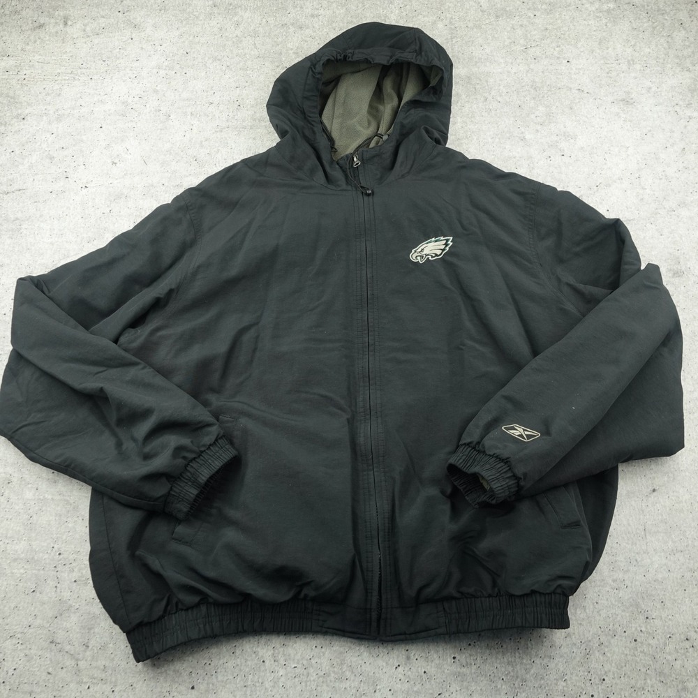 Y2K Reebok NFL Philadelphia Eagles Mens Black Fleece Lined Hooded Jacket Large